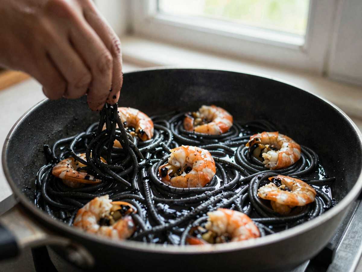 Unire il nero di seppia — Spaghetti al Nero di Seppia con Gamberi
