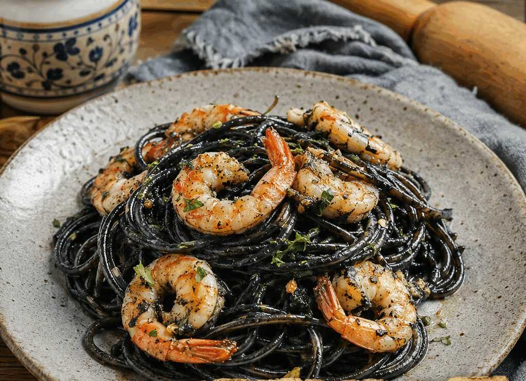 Spaghetti al Nero di Seppia con Gamberi