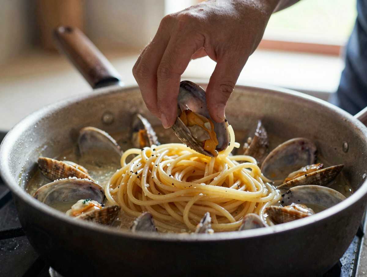 4. Filtrare il liquido — Spaghetti alle Vongole Veraci: la Ricetta Tradizionale di Mare Semplice ed Elegante
