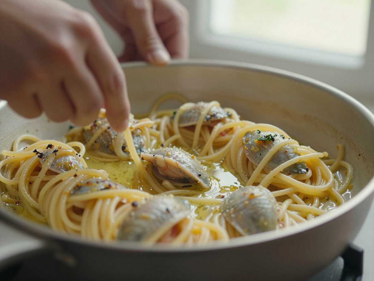 Preparare il condimento — Spaghetti con Alici e Finocchietto