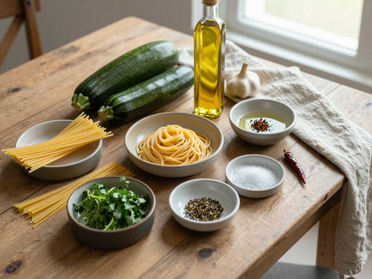 Gli ingredienti per Spaghetti Integrali Aglio Olio e Zucchine