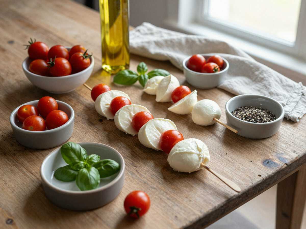 Gli ingredienti per Spiedini caprese con mozzarella e pomodorini: i trucchi della rosticceria per farli tutti uguali