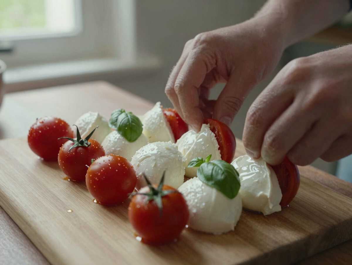 Assembla gli spiedini caprese — Spiedini caprese con mozzarella e pomodorini: i trucchi della rosticceria per farli tutti uguali