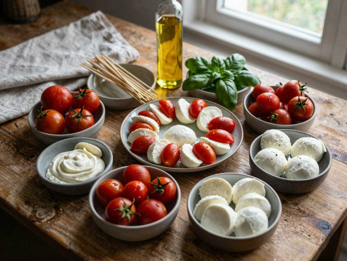 Gli ingredienti per Spiedini caprese con mozzarella e pomodorini: come organizzarne 50 per una festa e servirli freschi