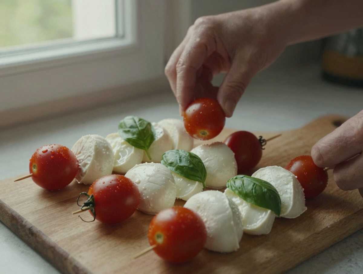 Forma gli spiedini caprese — Spiedini caprese con mozzarella e pomodorini: come organizzarne 50 per una festa e servirli freschi