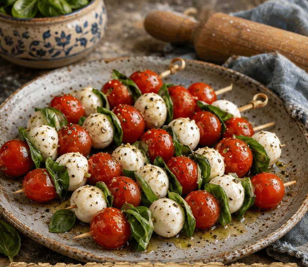 Spiedini caprese con mozzarella e pomodorini: come organizzarne 50 per una festa e servirli freschi