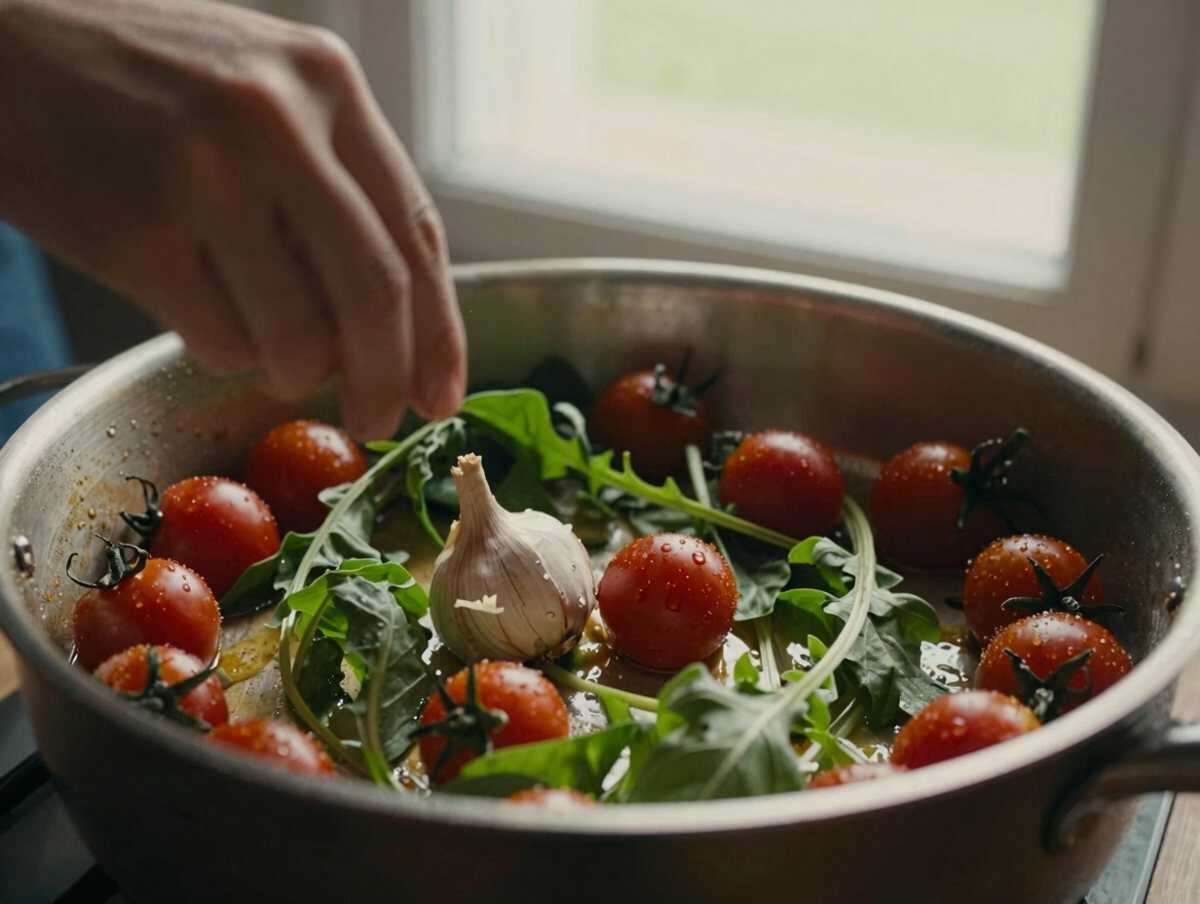 Sfumate e aggiungete i pomodorini — Straccetti di Pollo con Rucola e Pomodorini