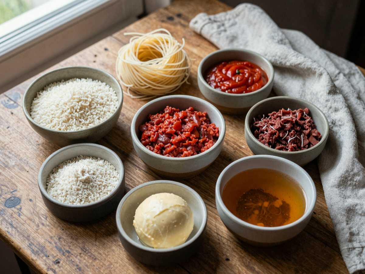 Gli ingredienti per Supplì romani al telefono come li faceva la nonna: riso del giorno prima e prova del filo