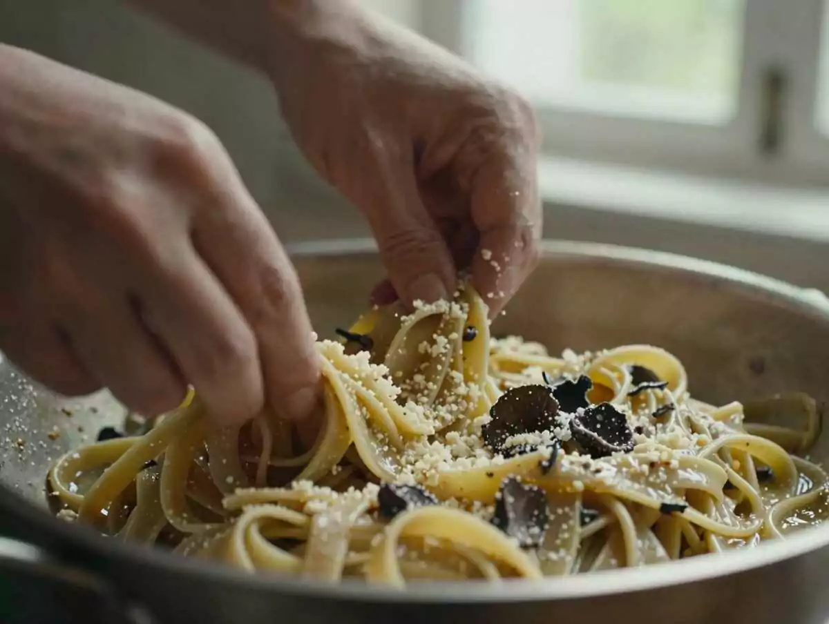 Un passaggio della preparazione — Tagliolini al Tartufo Nero