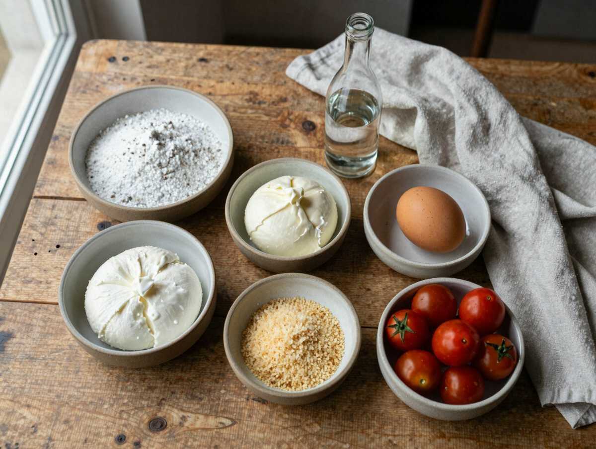 Gli ingredienti per Tartellette salate con ricotta e pomodorini con brisée fatta in casa e fondo croccante