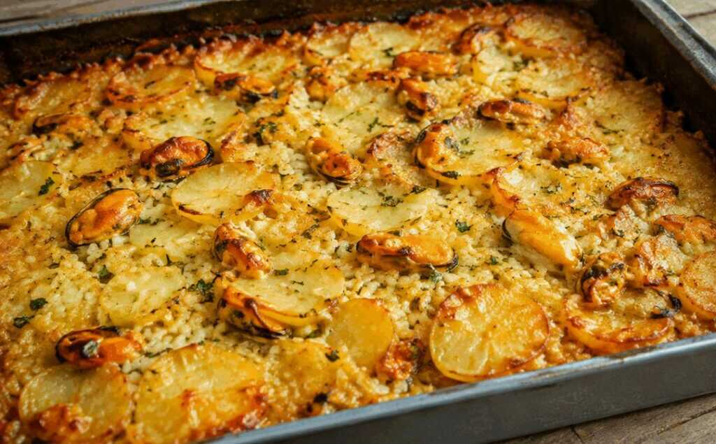 Teglia di patate, riso e cozze – Puglia