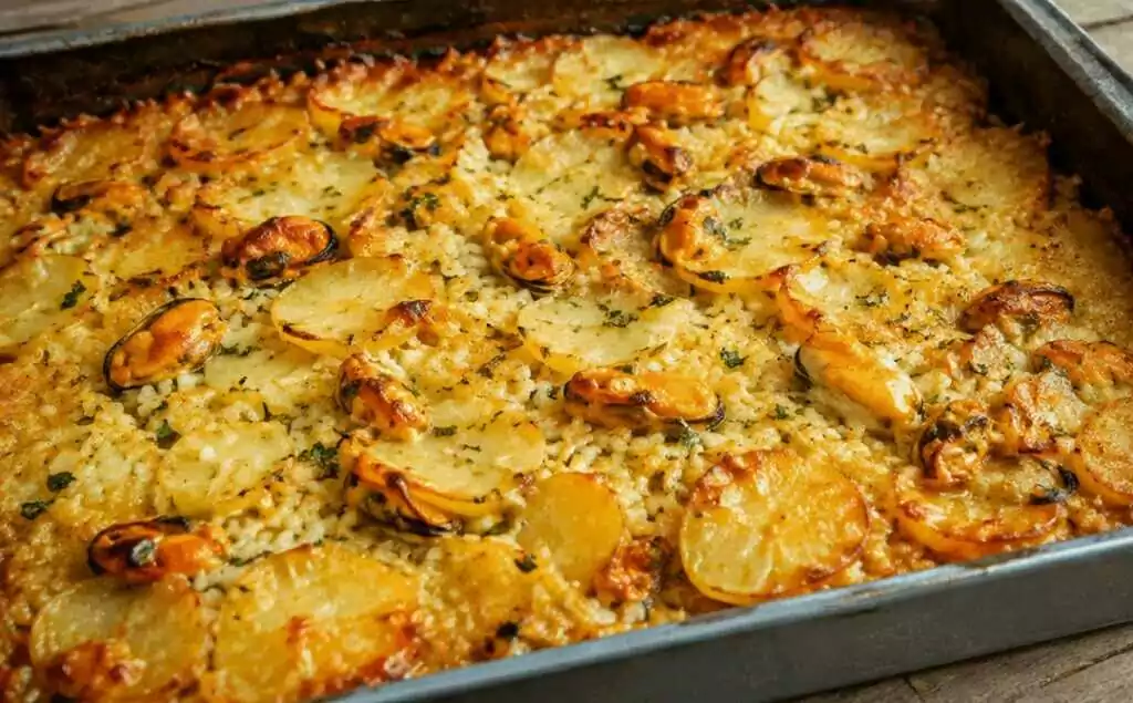 Teglia di patate, riso e cozze – Puglia