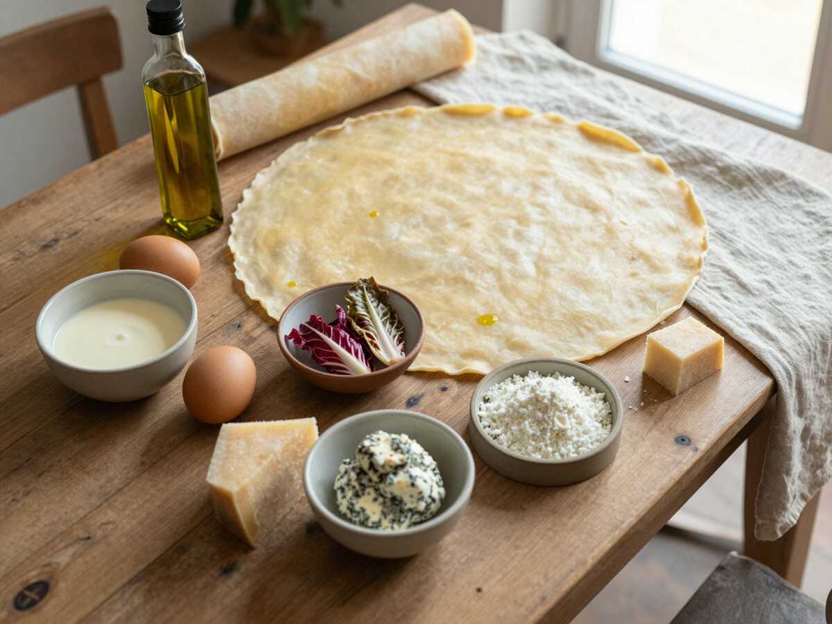 Gli ingredienti per Torta salata radicchio e gorgonzola per il buffet di Ferragosto con gli amici