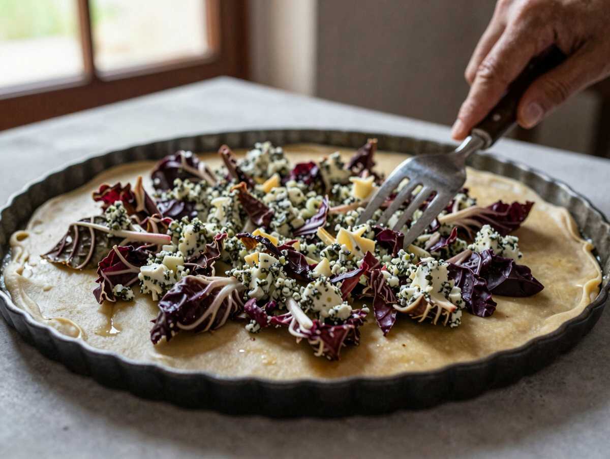 Assemblare la torta salata — Torta salata radicchio e gorgonzola per il buffet di Ferragosto con gli amici