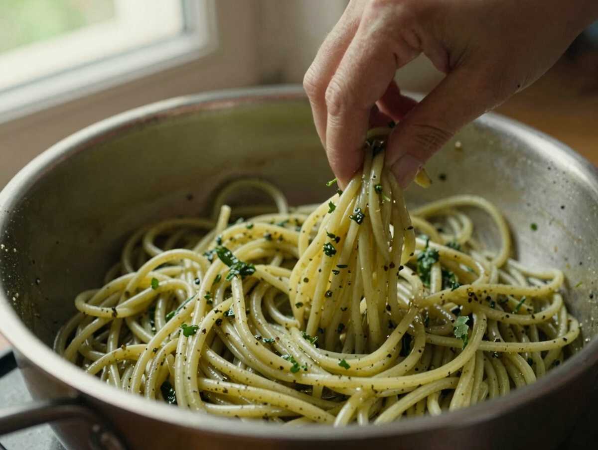 Un passaggio della preparazione — Trofie al Pesto di Pistacchi