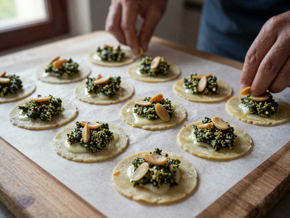 Taglia e spennella — Ventagli di sfoglia con pesto e pinoli per un buffet delle feste che lascia tutti a bocca aperta