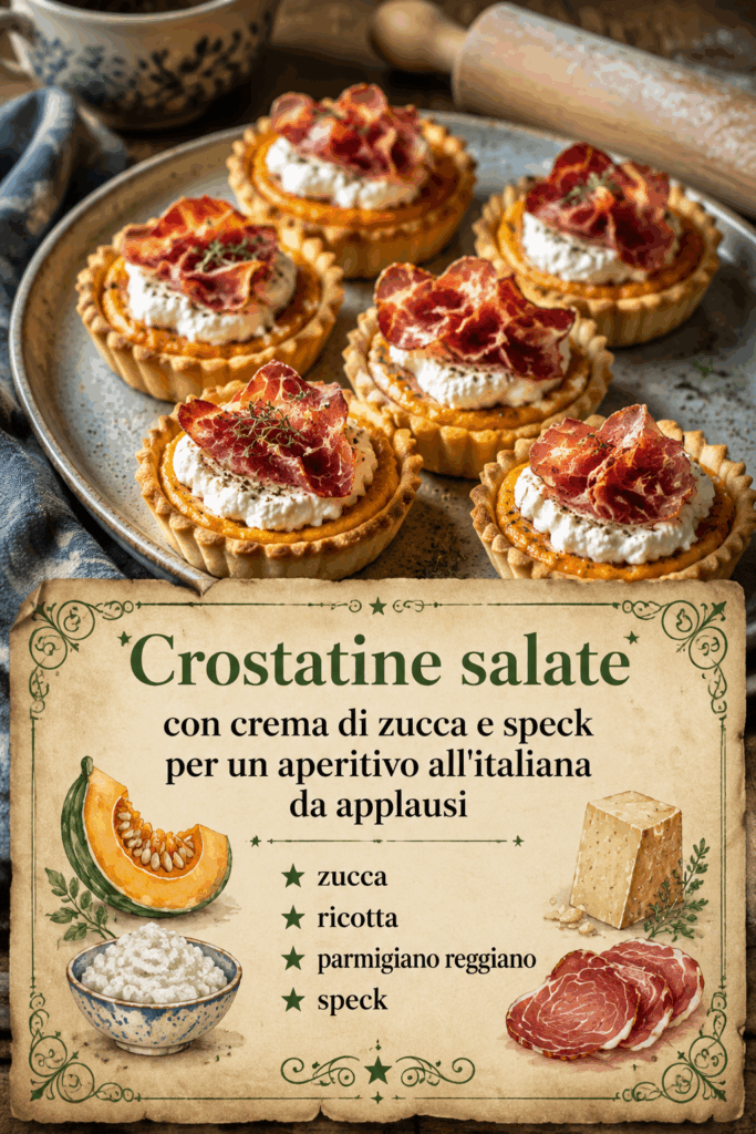 Crostatine salate con crema di zucca e speck per un aperitivo all’italiana da applausi