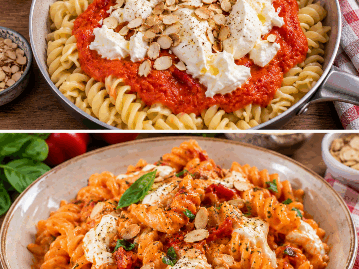 Fusilloni con Crema di Peperoni, Burrata e Mandorle Tostate – Puglia