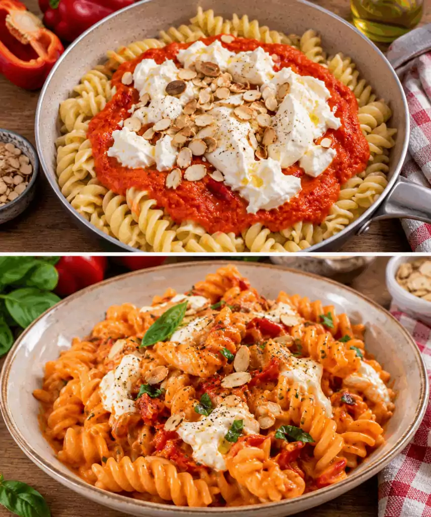Fusilloni con Crema di Peperoni, Burrata e Mandorle Tostate – Puglia