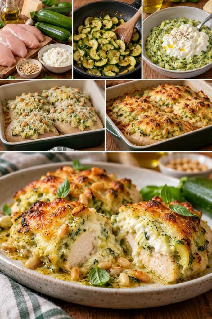 Pollo Gratinato con Crema di Zucchine, Stracciatella e Pinoli Tostati
