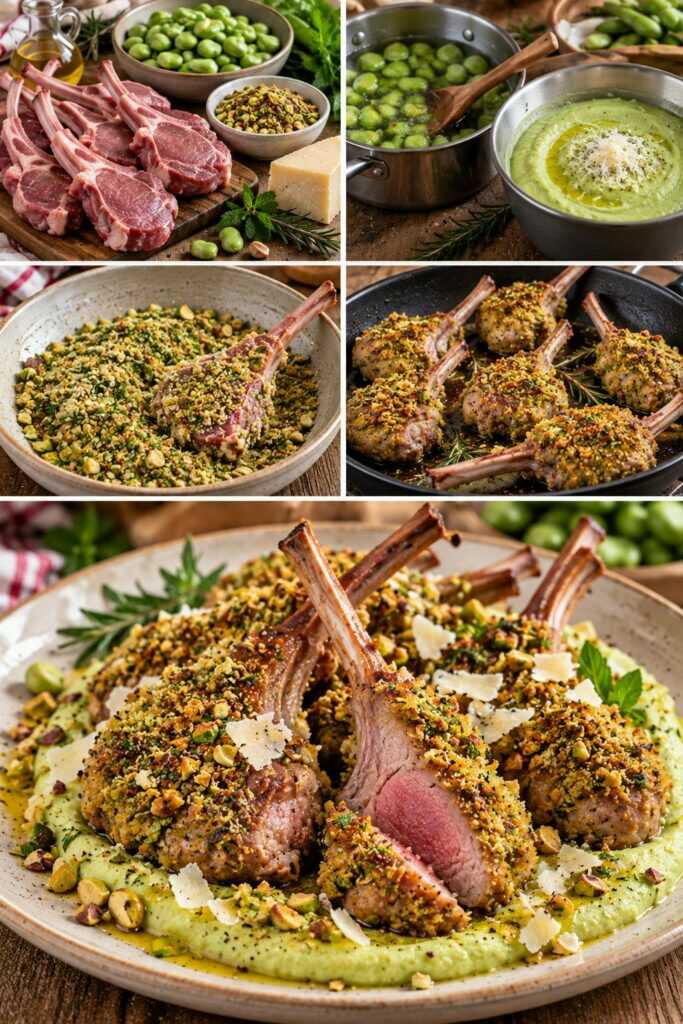 Costolette di Agnello in Crosta di Pistacchi con Crema di Fave e Pecorino