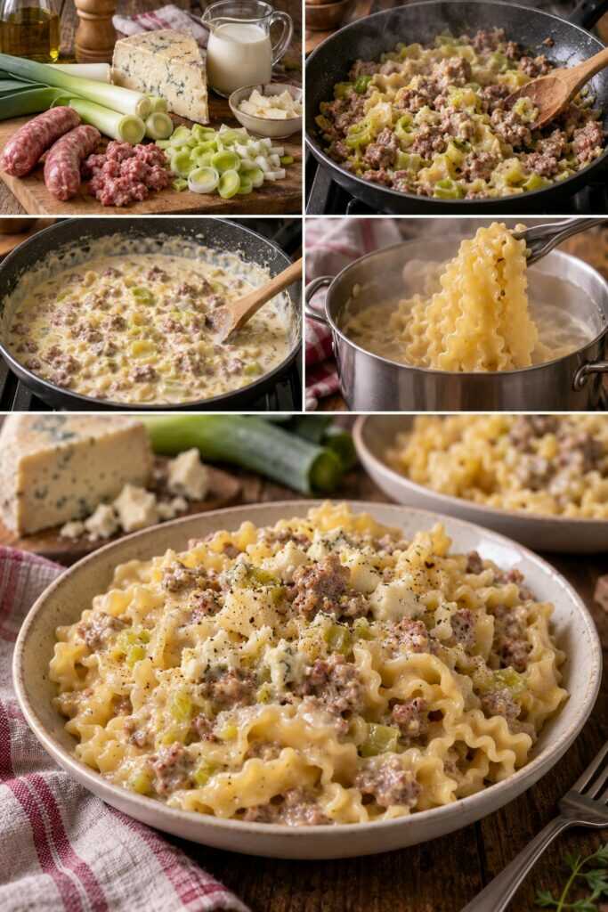 Mafaldine con Crema di Porri, Salsiccia e Castelmagno – Piemonte