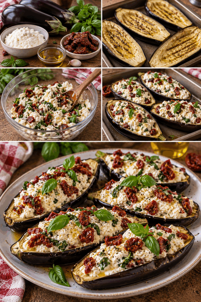 Barchette di Melanzane Marinate con Ricotta, Pomodori Secchi e Basilico – Campania