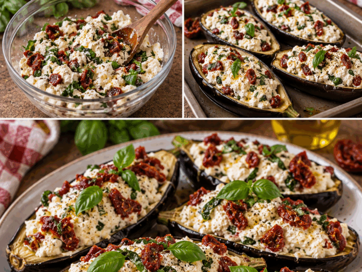 Barchette di Melanzane Marinate con Ricotta, Pomodori Secchi e Basilico – Campania