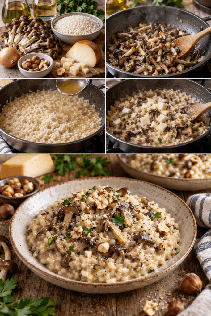 Risotto ai Funghi Pioppini, Scamorza Affumicata e Nocciole – Veneto