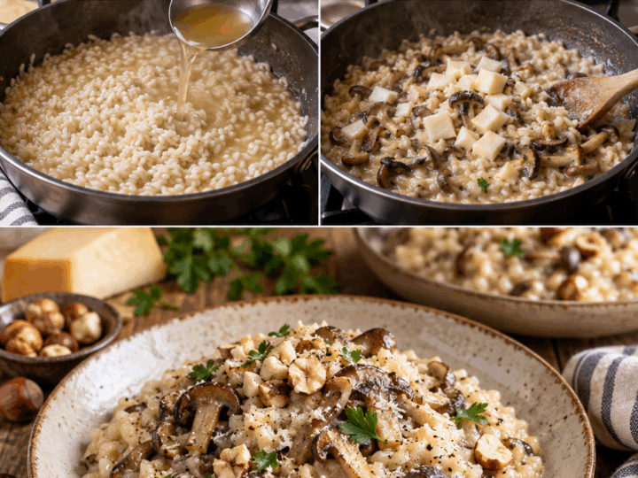 Risotto ai Funghi Pioppini, Scamorza Affumicata e Nocciole – Veneto