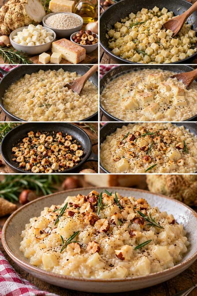 Risotto al Sedano Rapa con Taleggio, Nocciole Tostate e Rosmarino