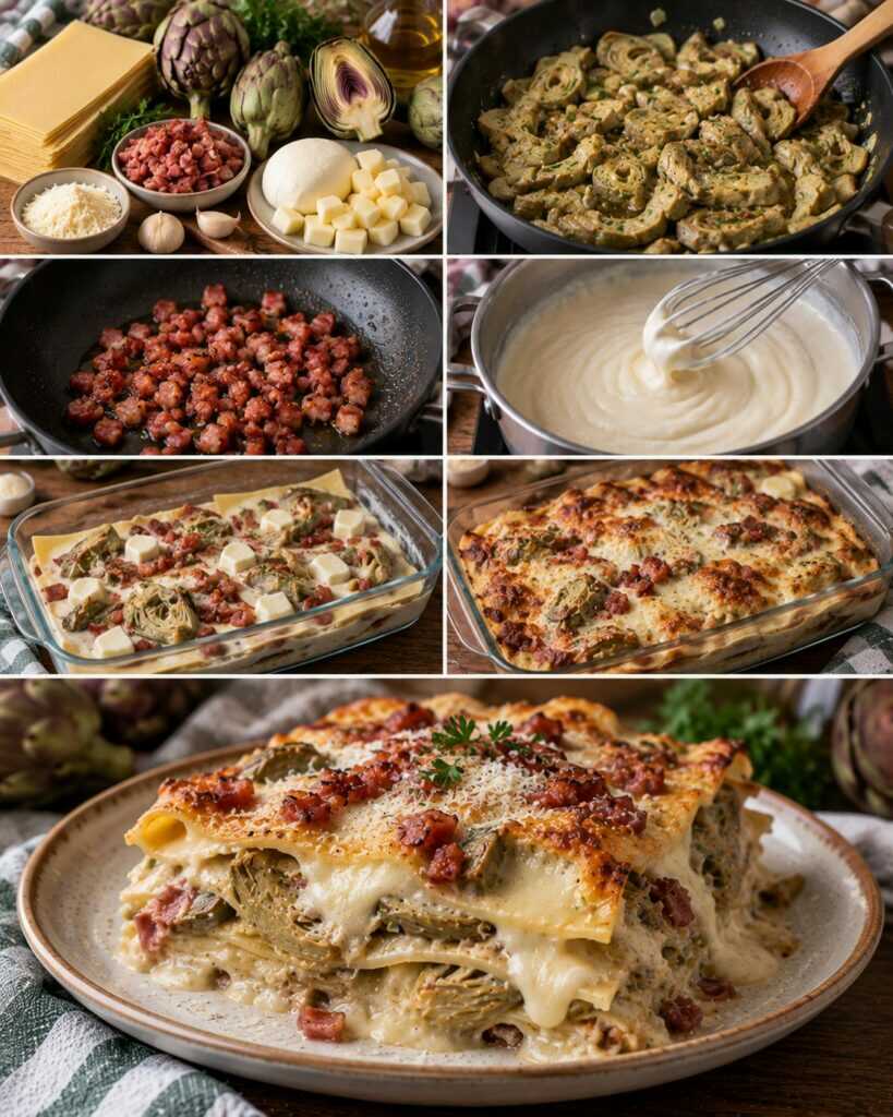 Lasagnette Bianche con Carciofi, Scamorza e Speck Croccante – Lazio