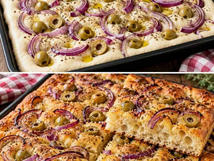 Focaccia Soffice alle Cipolle Rosse, Olive Verdi e Origano
