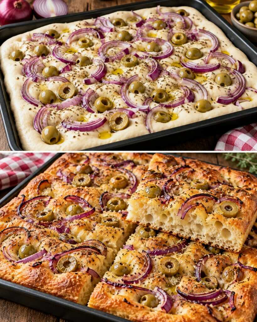 Focaccia Soffice alle Cipolle Rosse, Olive Verdi e Origano