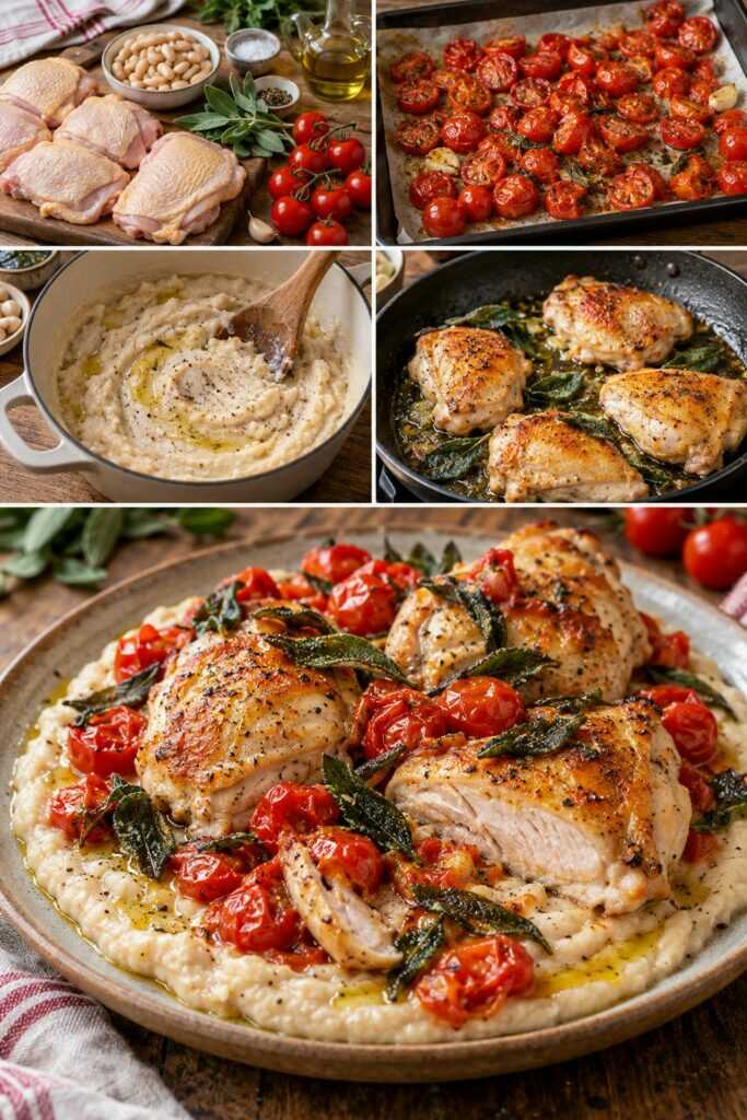 Pollo al Forno con Crema di Cannellini, Pomodorini Arrosto e Salvia Croccante
