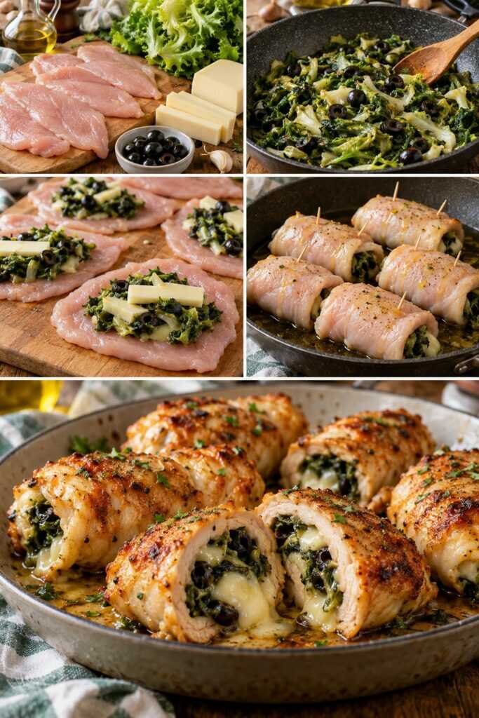 Involtini di Pollo con Scarola, Provolone Piccante e Olive Nere