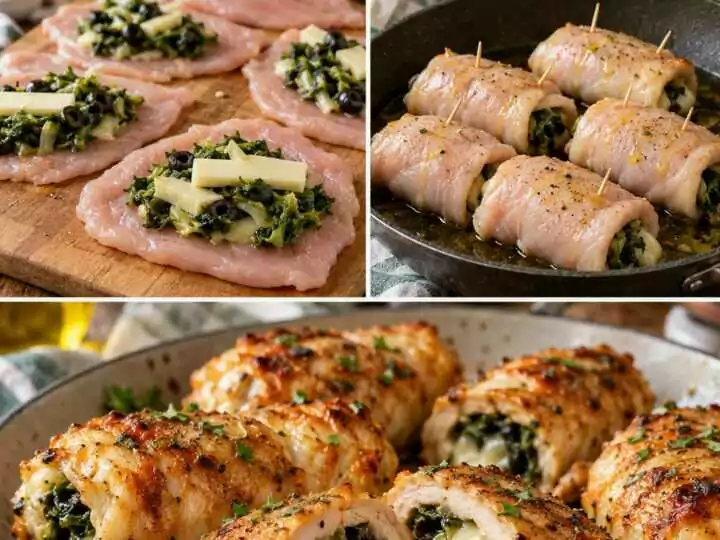 Involtini di Pollo con Scarola, Provolone Piccante e Olive Nere