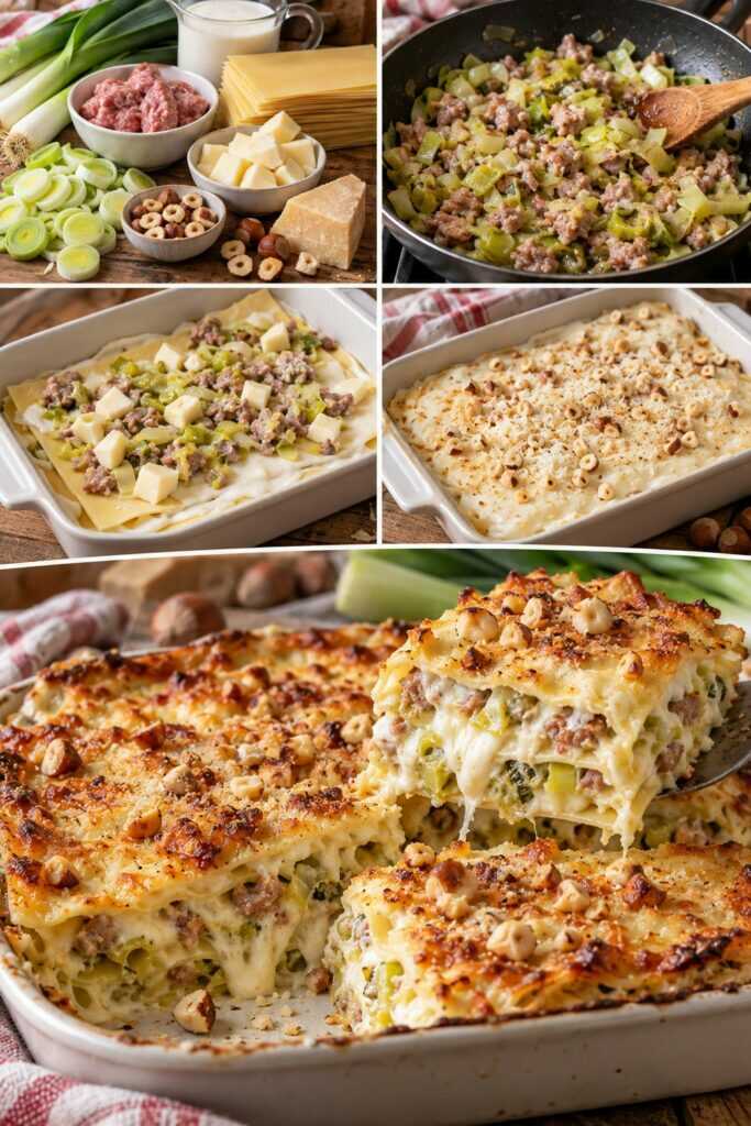 Lasagnetta Bianca ai Porri con Salsiccia, Scamorza e Nocciole – Piemonte