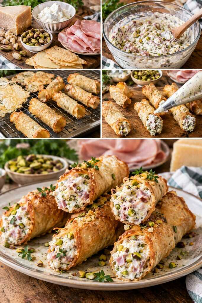 Cannoli Salati di Parmigiano con Mortadella, Ricotta e Pistacchi – Emilia-Romagna
