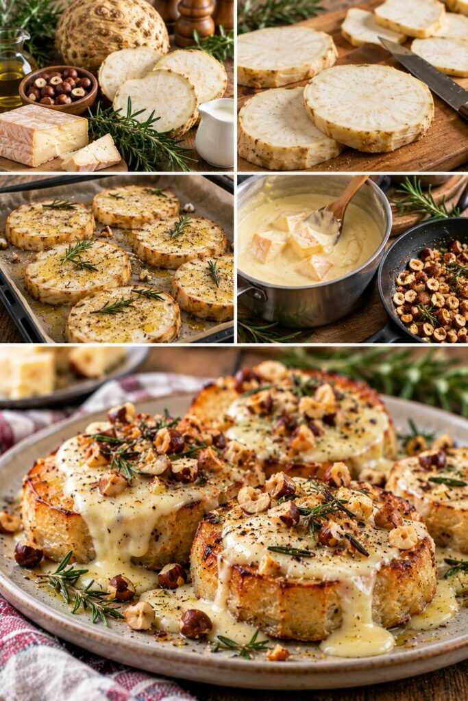Sedano Rapa Arrosto con Fonduta di Taleggio e Nocciole al Rosmarino