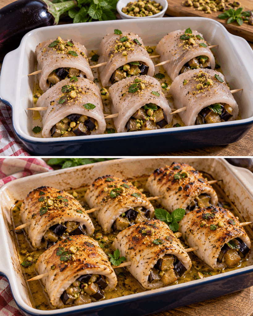 Involtini di Pesce Spada con Melanzane, Pistacchi e Menta – Sicilia