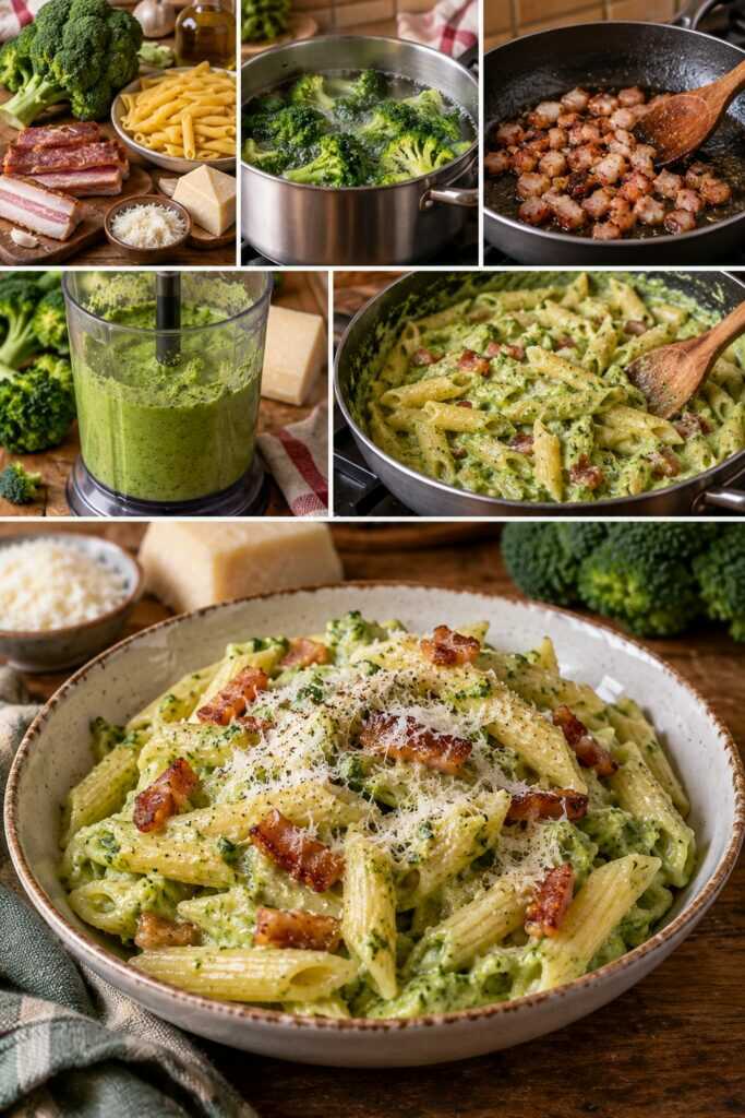 Penne Rigate con Crema di Broccoli, Guanciale e Pecorino Romano – Lazio