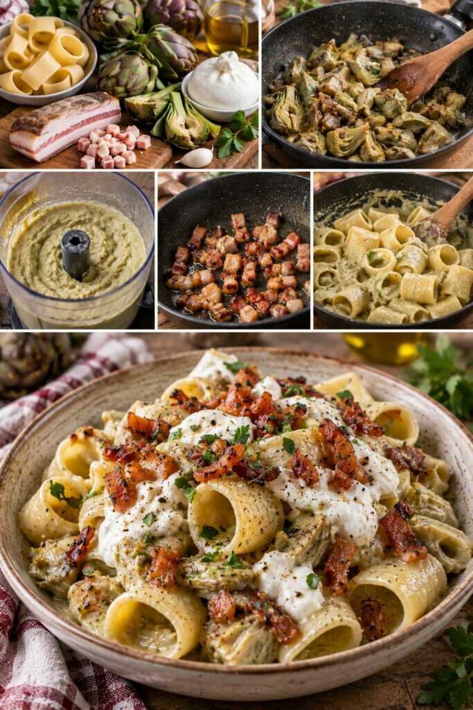 Calamarata con Crema di Carciofi, Burrata e Guanciale Croccante – Lazio
