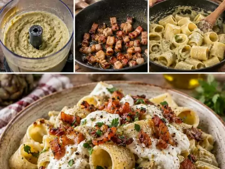 Calamarata con Crema di Carciofi, Burrata e Guanciale Croccante – Lazio