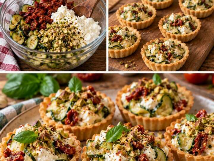 Tartellette Fredde di Zucchine con Stracciatella, Pomodori Secchi e Pistacchi