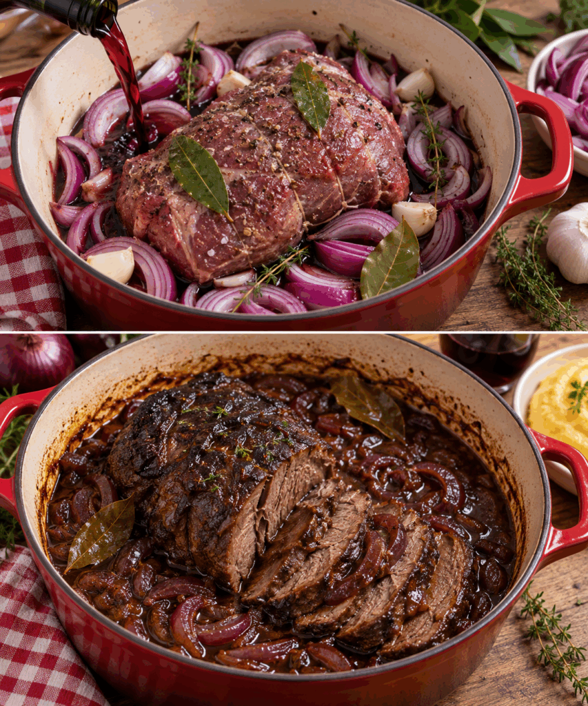 Brasato di Manzo con Cipolle Rosse, Alloro e Vino Rosso – Piemonte