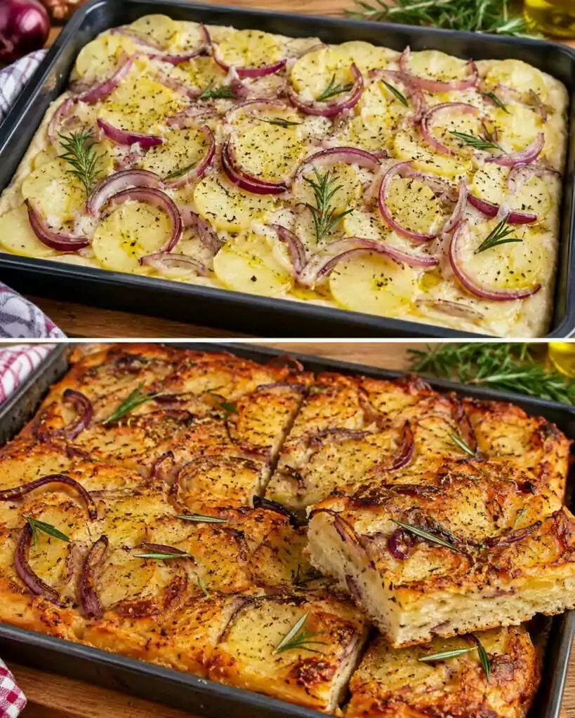 Schiacciata Croccante di Patate, Cipolle Rosse e Rosmarino