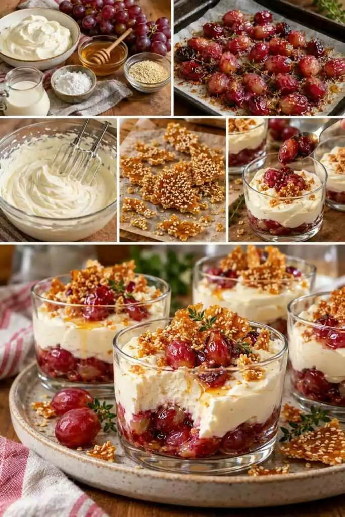 Mousse di Mascarpone al Miele con Uva Arrostita e Croccante di Sesamo