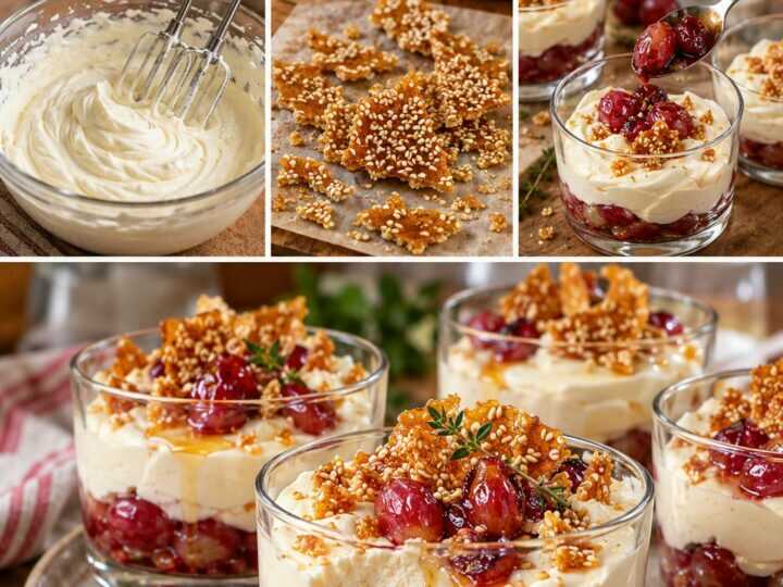 Mousse di Mascarpone al Miele con Uva Arrostita e Croccante di Sesamo
