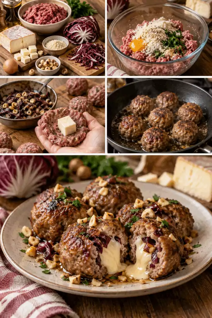 Polpette di Manzo con Cuore di Taleggio, Radicchio e Nocciole – Lombardia